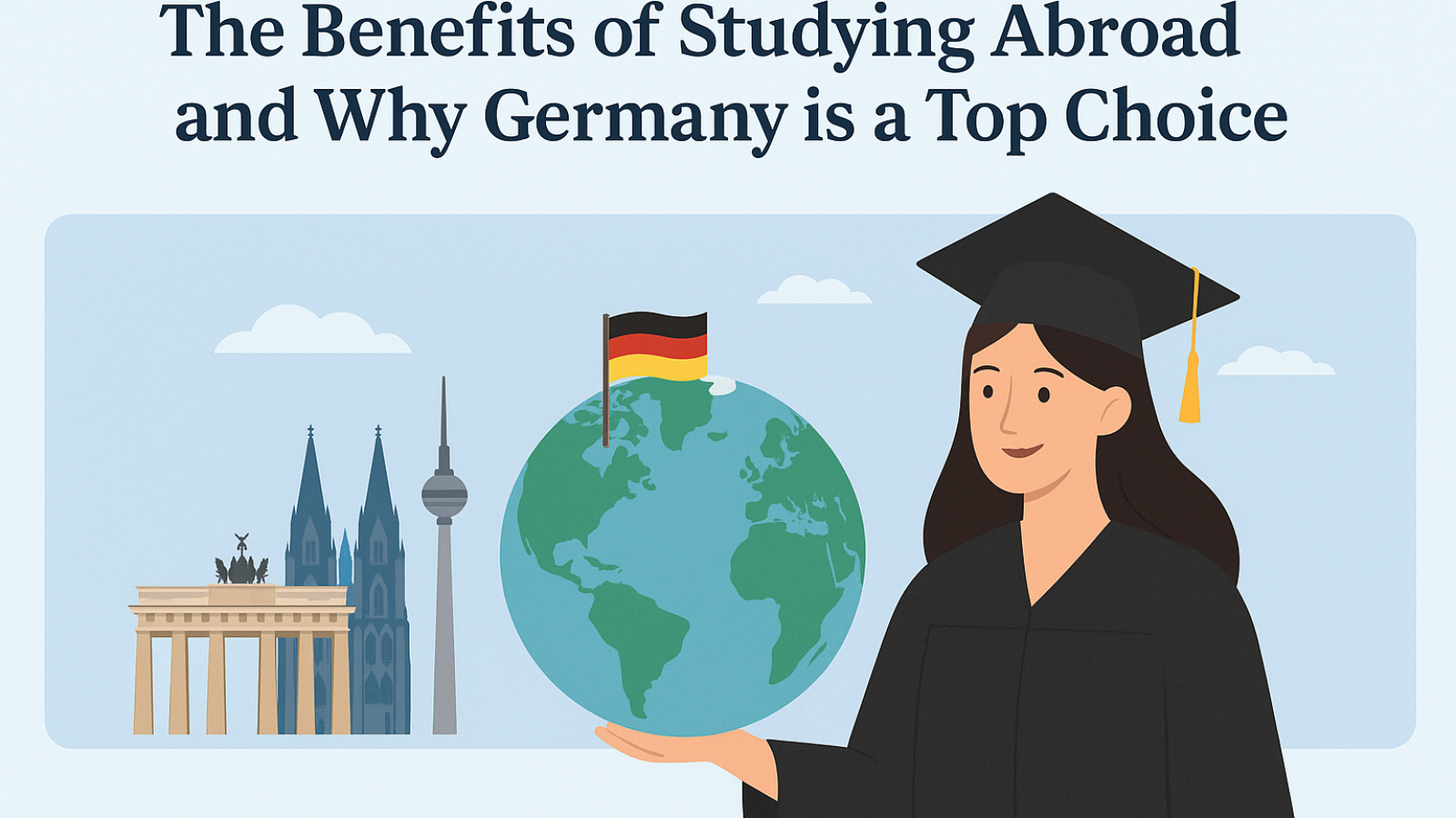 A graphical illustration of a girl holding the globe in one hand with the German flag on it.